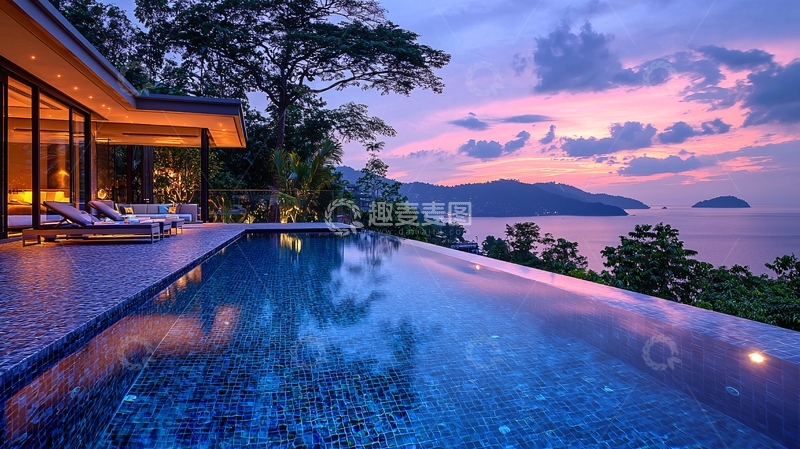 高清大图下载【趣麦麦图】海景别墅泳池落日
