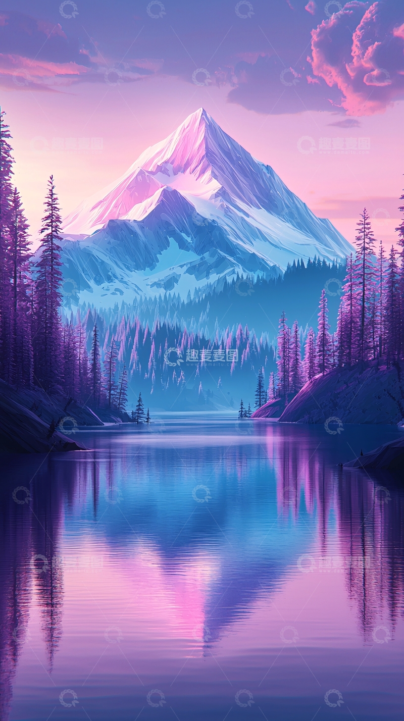 高清大图下载【趣麦麦图】梦幻紫粉色雪山湖泊倒影