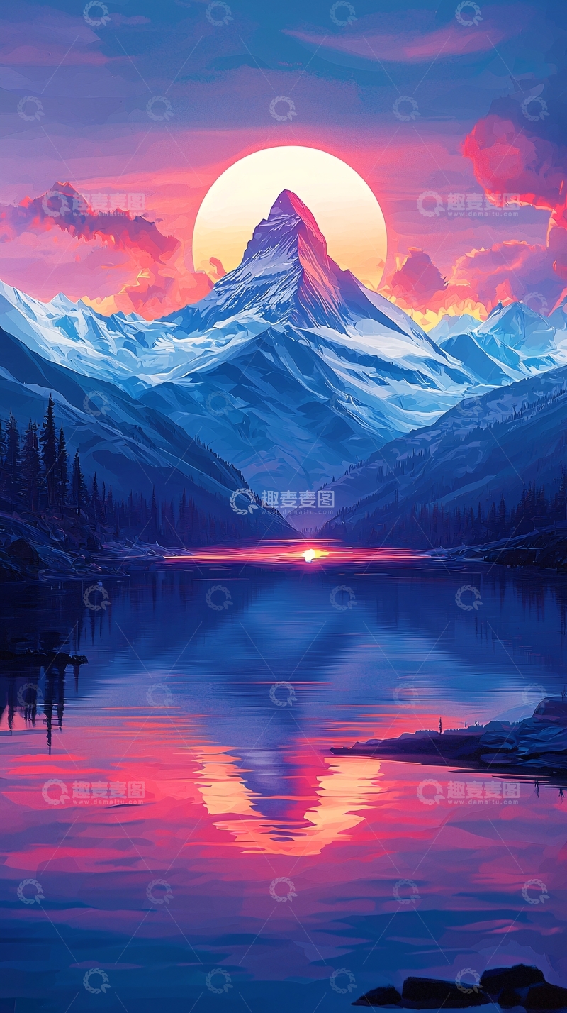高清大图下载【趣麦麦图】雪山日落湖泊倒影