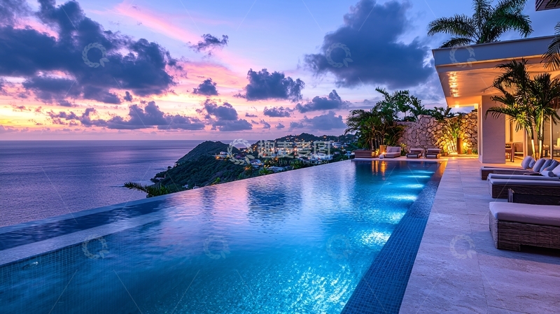 高清大图下载【趣麦麦图】海景别墅泳池落日