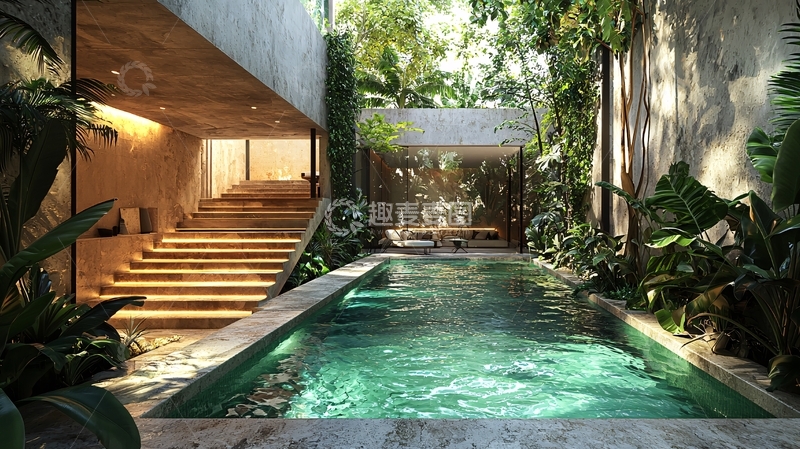 高清大图下载【趣麦麦图】现代水泥别墅泳池花园