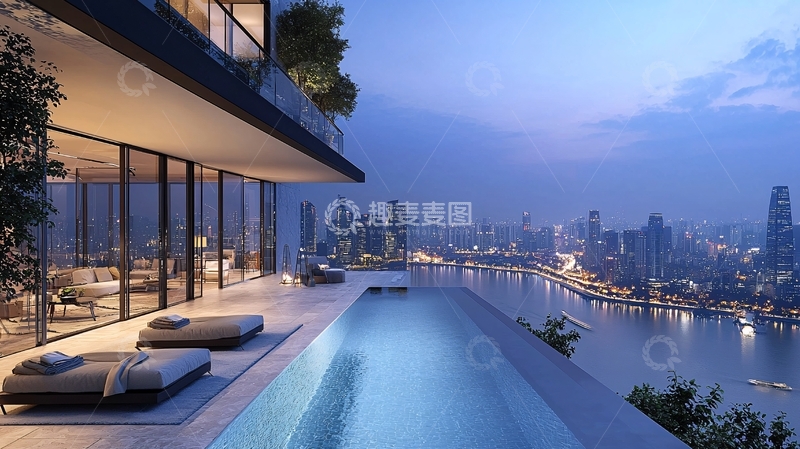 高清大图下载【趣麦麦图】高层建筑泳池夜景