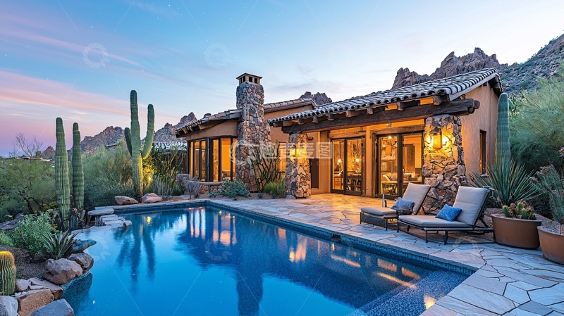 高清大图下载【趣麦麦图】沙漠豪宅泳池夜景