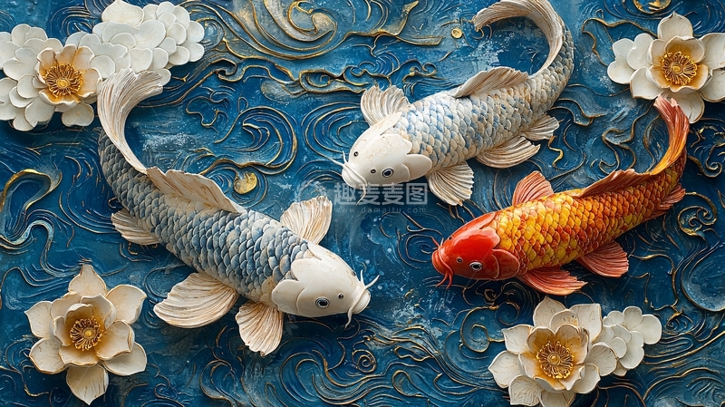 高清大图下载【趣麦麦图】蓝底白花鲤鱼图