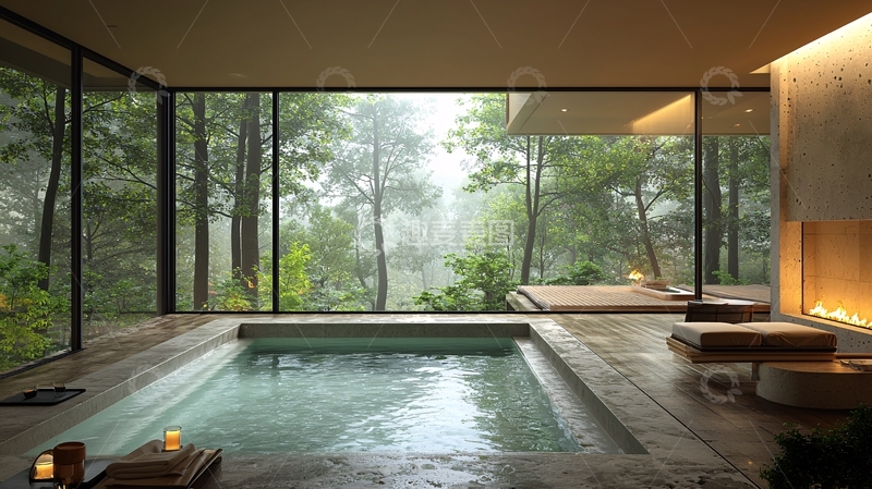 高清大图下载【趣麦麦图】雨天森林景观室内泳池