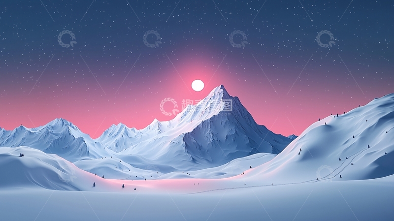 高清大图下载【趣麦麦图】粉红夕阳下的雪山美景