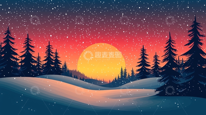 高清大图下载【趣麦麦图】雪夜日落松林