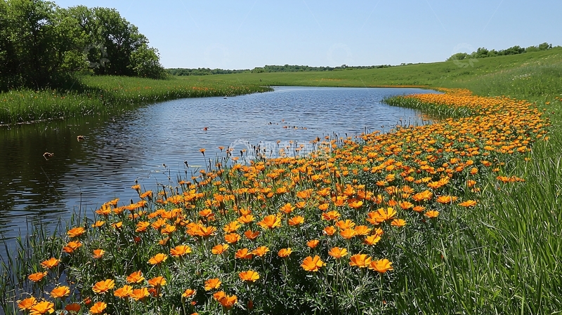 高清大图下载【趣麦麦图】河流边盛开的黄色野花