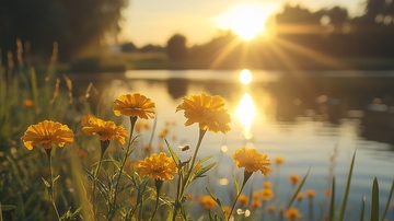 夕阳西下湖边野花