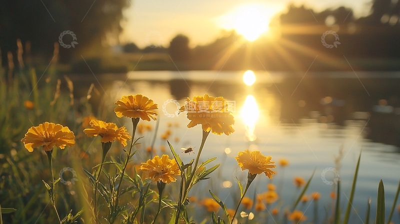 高清大图下载【趣麦麦图】夕阳西下湖边野花