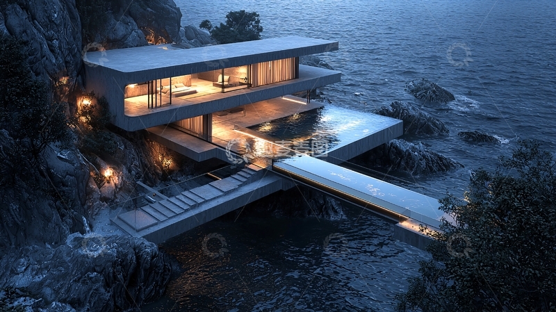 高清大图下载【趣麦麦图】悬崖峭壁上的现代别墅