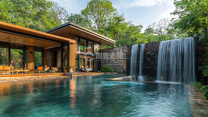高清大图下载【趣麦麦图】别墅泳池瀑布