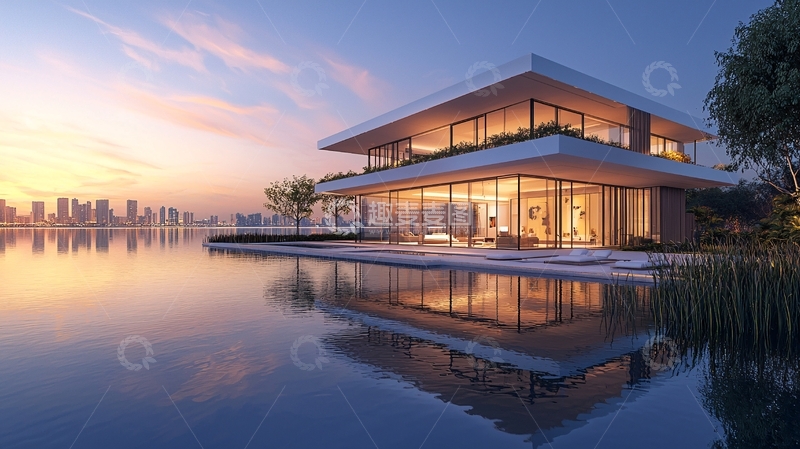 高清大图下载【趣麦麦图】现代简约湖景别墅