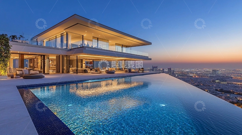 高清大图下载【趣麦麦图】山顶别墅夜景泳池