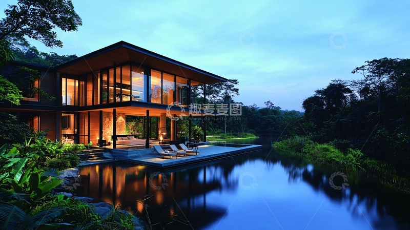 高清大图下载【趣麦麦图】夜晚森林别墅