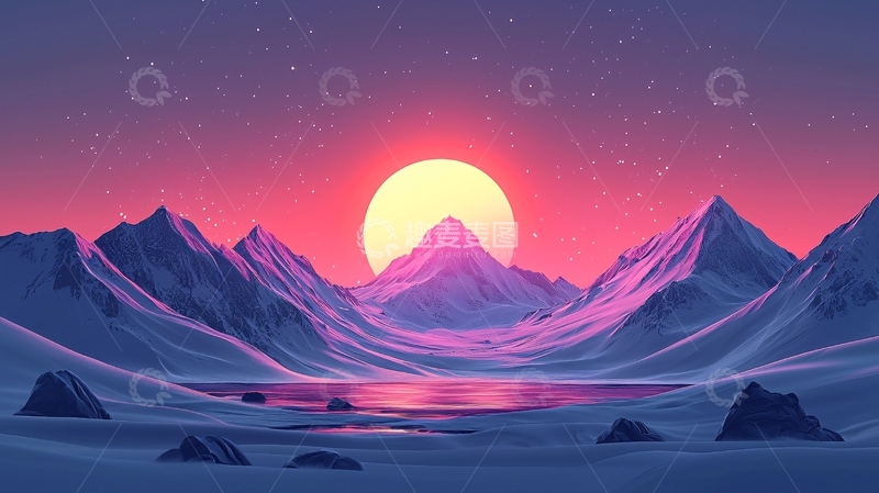 高清大图下载【趣麦麦图】极简主义雪山日落风景