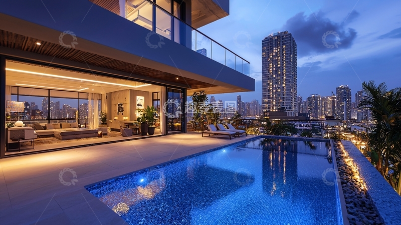 高清大图下载【趣麦麦图】豪华公寓泳池夜景