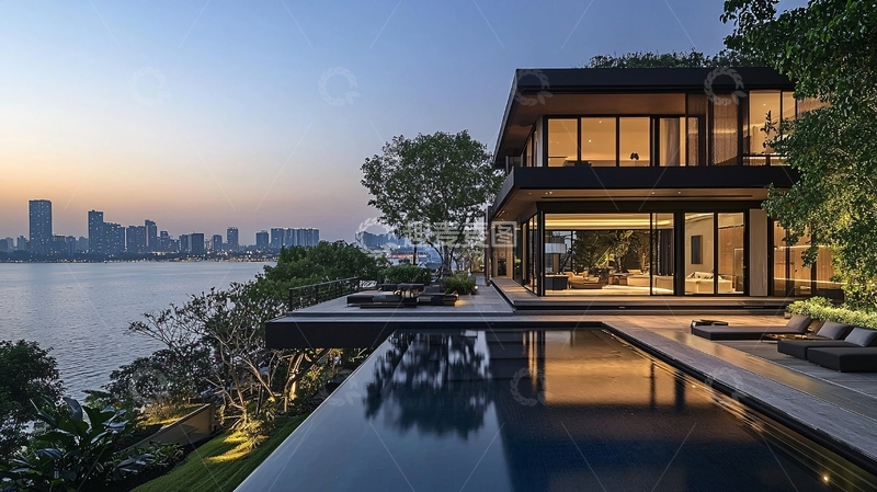 高清大图下载【趣麦麦图】现代风格湖景别墅夜景