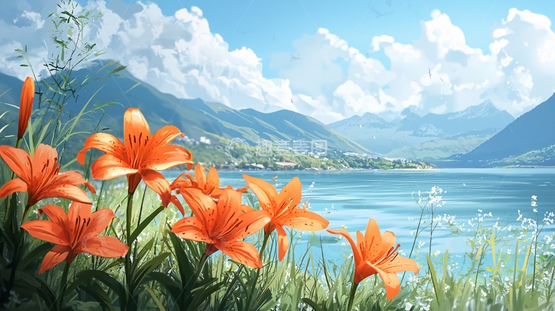 高清大图下载【趣麦麦图】橙色百合花湖边风景