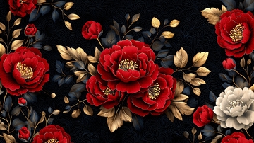 暗黑系金色红白牡丹花纹