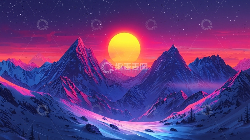 高清大图下载【趣麦麦图】极简主义日落雪山风景