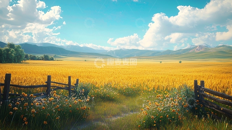 高清大图下载【趣麦麦图】金色的麦田与蓝天白云