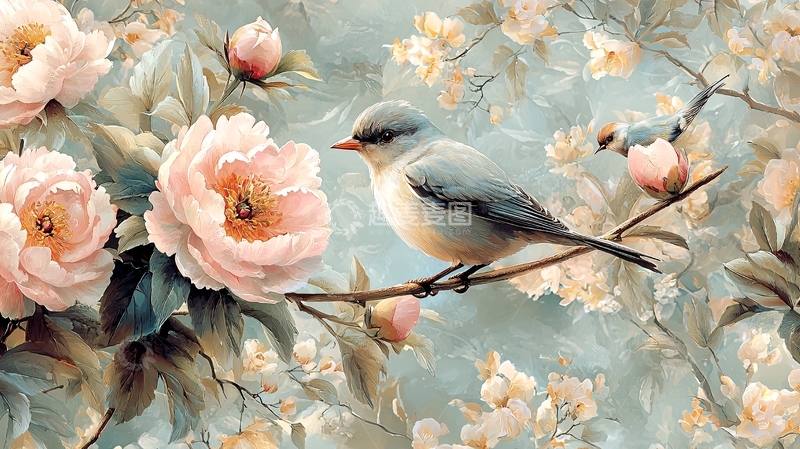 高清大图下载【趣麦麦图】小鸟栖息粉色花丛