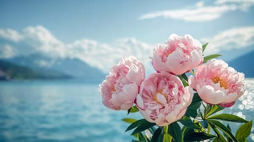 粉嫩牡丹湖边美景