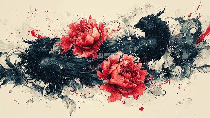 高清大图下载【趣麦麦图】水墨画风格牡丹与黑鸟