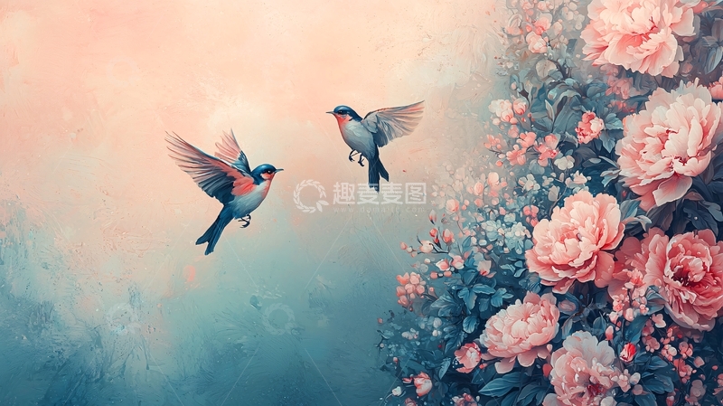 高清大图下载【趣麦麦图】粉蓝调飞鸟与玫瑰花