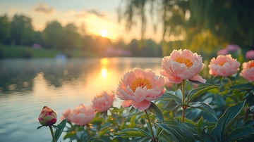 日落湖边粉牡丹