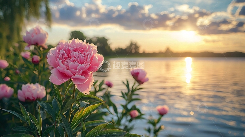 高清大图下载【趣麦麦图】粉红牡丹湖边日落