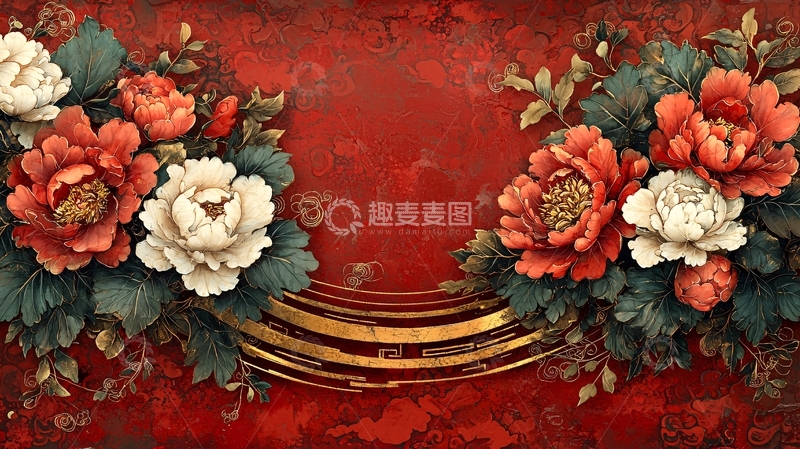 高清大图下载【趣麦麦图】红底牡丹花纹背景