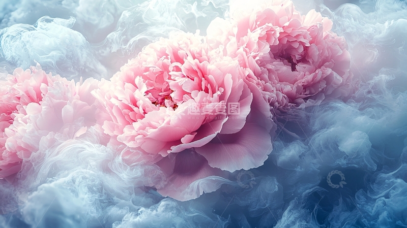 高清大图下载【趣麦麦图】-粉色牡丹花水墨烟雾