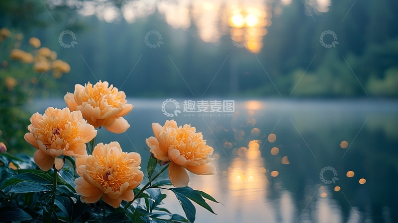 高清大图下载【趣麦麦图】清晨湖边盛开的牡丹