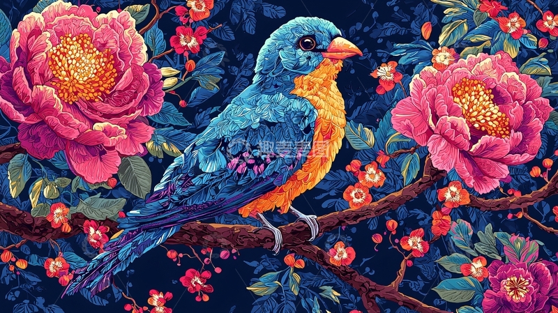 高清大图下载【趣麦麦图】蓝鸟栖息花丛中