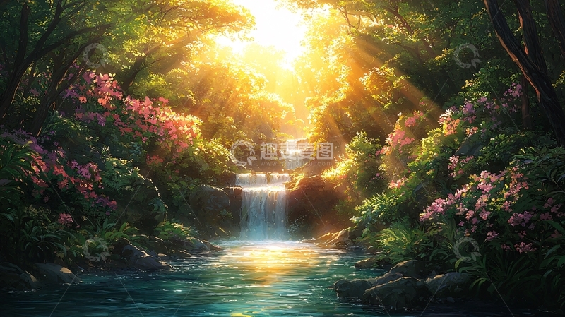 高清大图下载【趣麦麦图】阳光森林瀑布