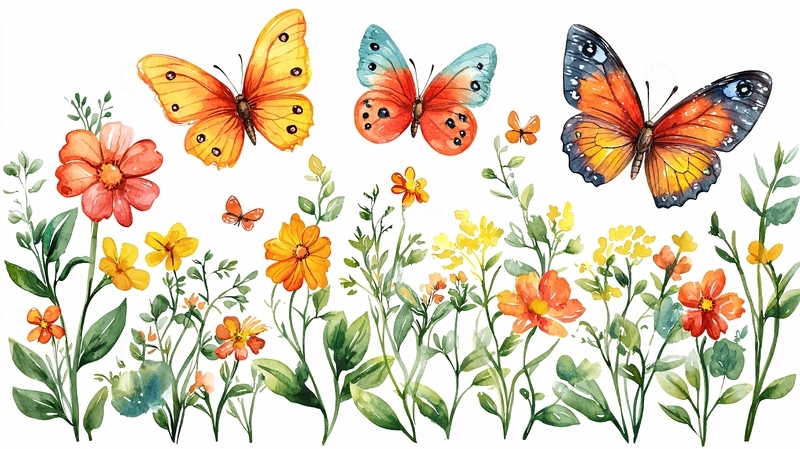 高清大图下载【趣麦麦图】水彩蝴蝶花卉图案