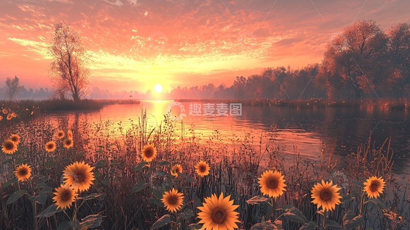 高清大图下载【趣麦麦图】日落湖边向日葵风景