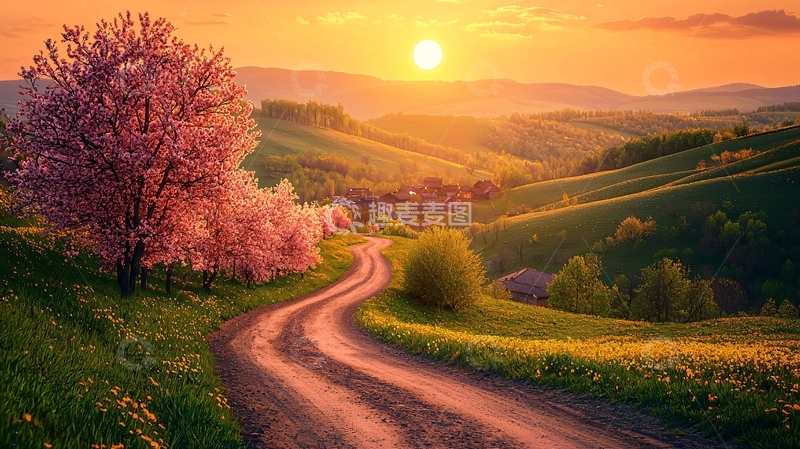 高清大图下载【趣麦麦图】夕阳下的乡间小路2