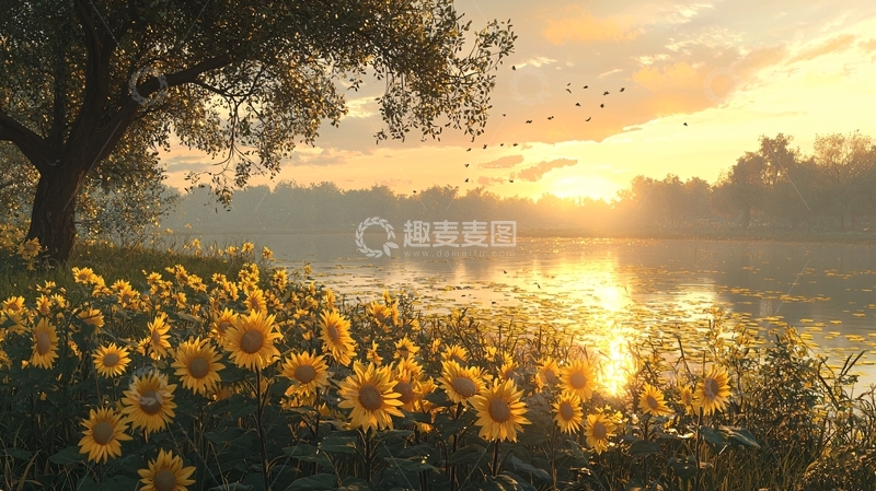 高清大图下载【趣麦麦图】清晨河边向日葵日出