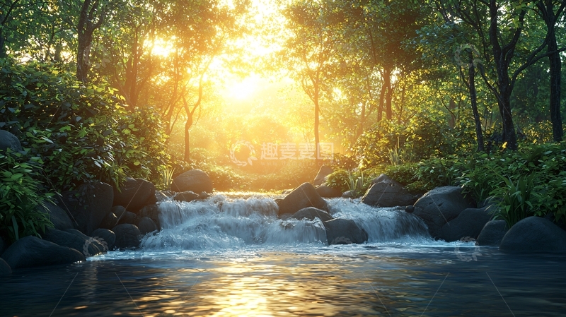 高清大图下载【趣麦麦图】森林瀑布日落