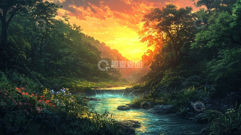 高清大图下载【趣麦麦图】热带雨林日落河流