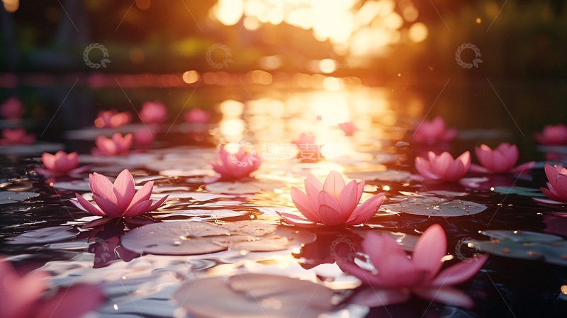 高清大图下载【趣麦麦图】夕阳下荷花池塘景色
