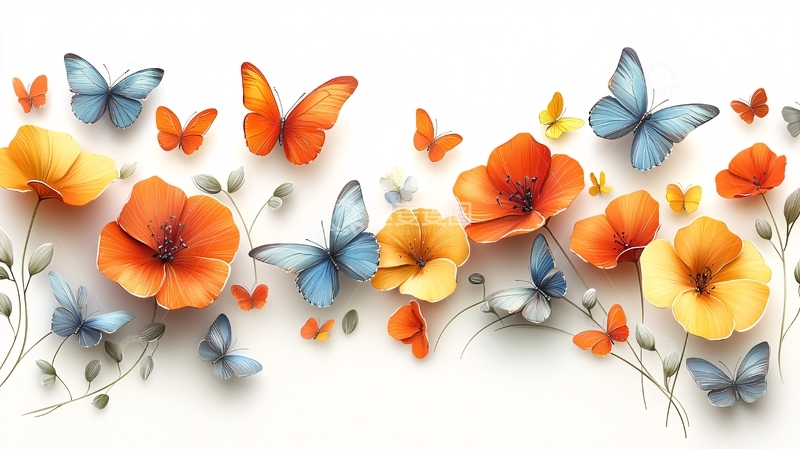 高清大图下载【趣麦麦图】蓝色蝴蝶和橙色罂粟花