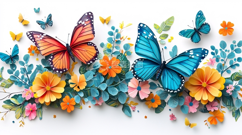 高清大图下载【趣麦麦图】彩色蝴蝶花卉背景图