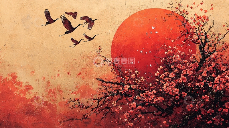 高清大图下载【趣麦麦图】日出樱花飞鹤图