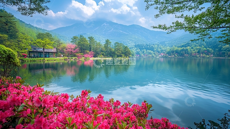 高清大图下载【趣麦麦图】山间湖泊杜鹃花盛开