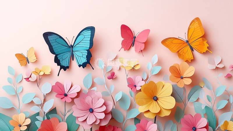 高清大图下载【趣麦麦图】粉色背景纸艺蝴蝶花朵