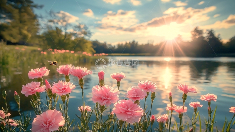 高清大图下载【趣麦麦图】粉红色康乃馨湖边日落